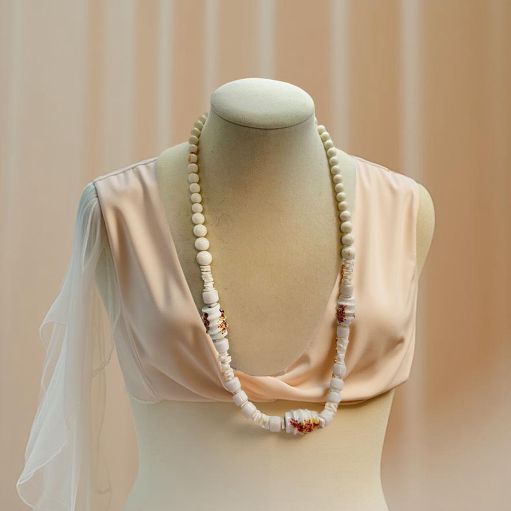 Vintage‎ Milk Glass Beaded Necklace Mid Century